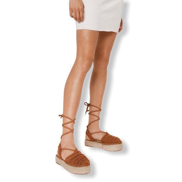 Givana Women's Woven Camel Flatform Wrap Tie Espadrilles Camel Size 9 - Picture 1 of 10